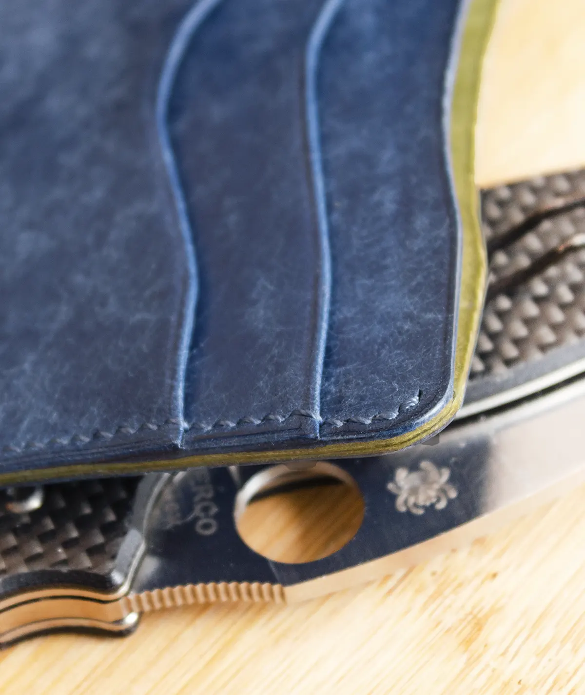 handmade blue leather wallet with green