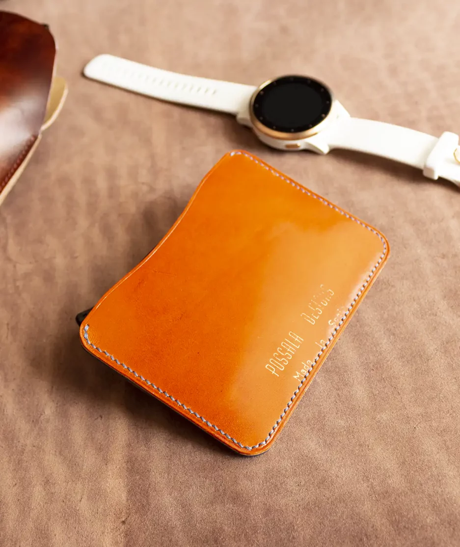 backside of handmade leather card wallet
