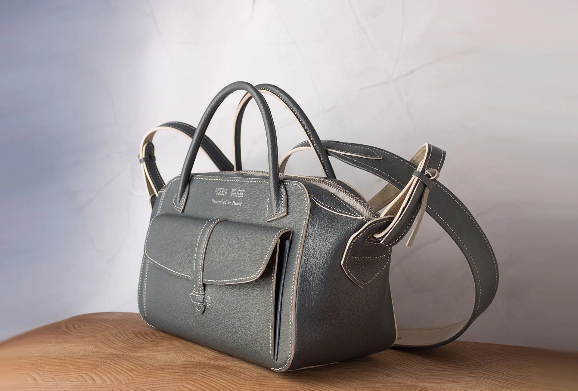 handmade gray leather handbag crossbody strap