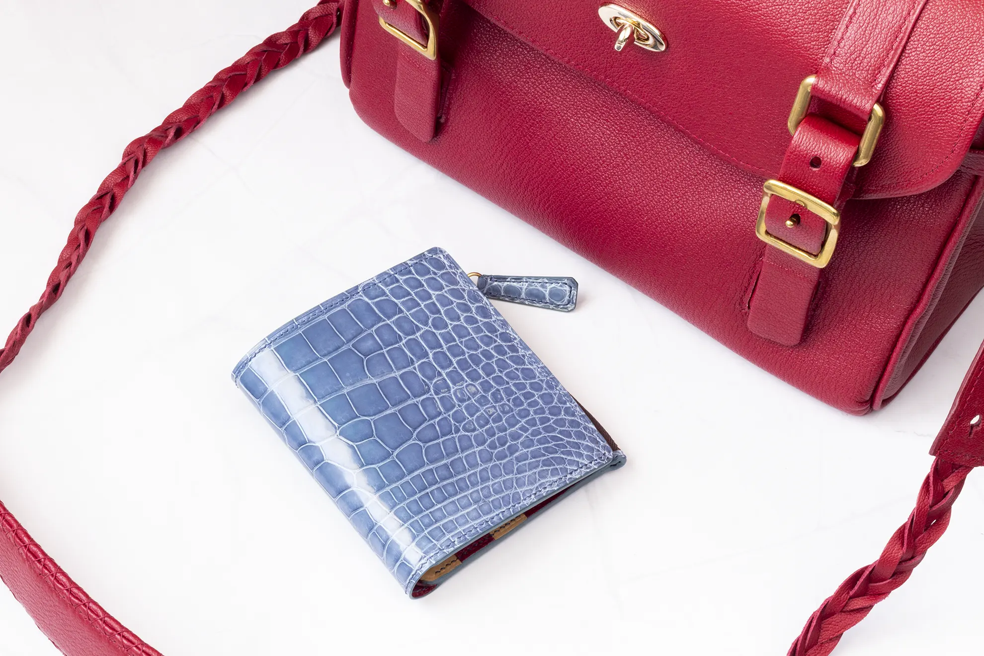 Possala Designs red leather handbag with blue wallet