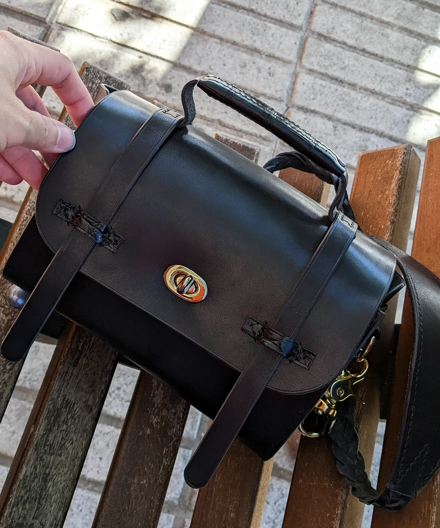 handmade black leather english satchel bag