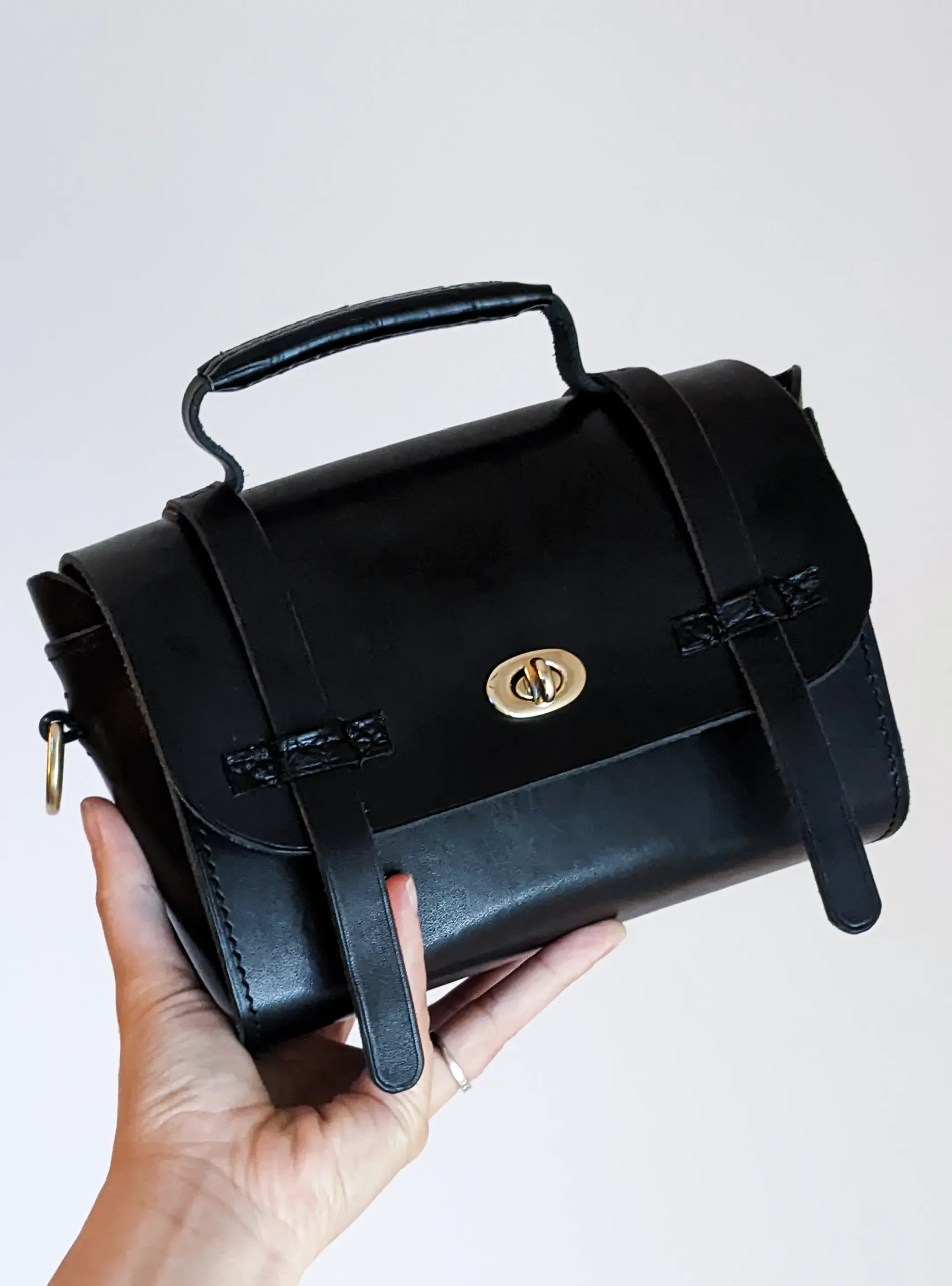 Handmade black leather english satchel bag