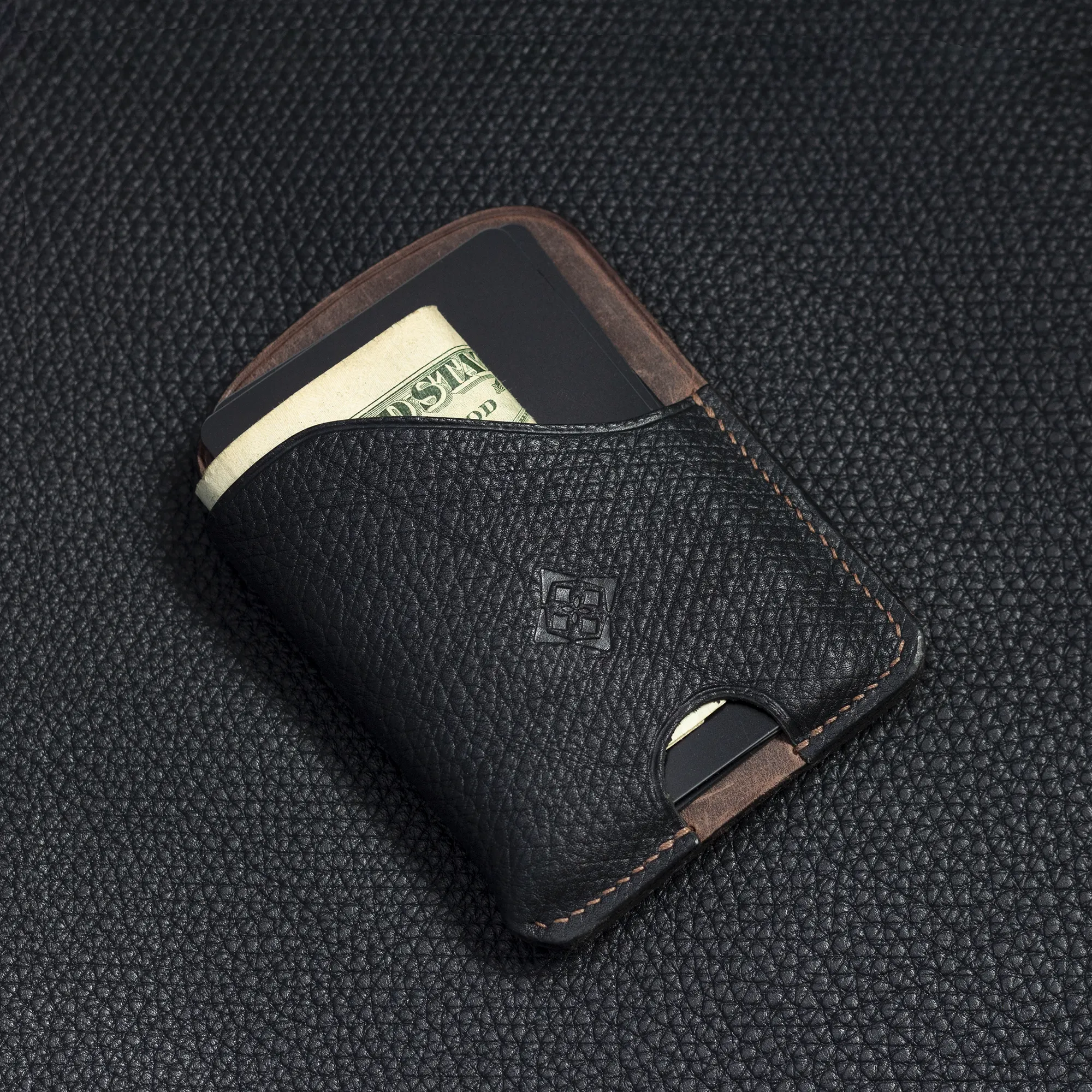 black and brown leather card wallet handmade in spain