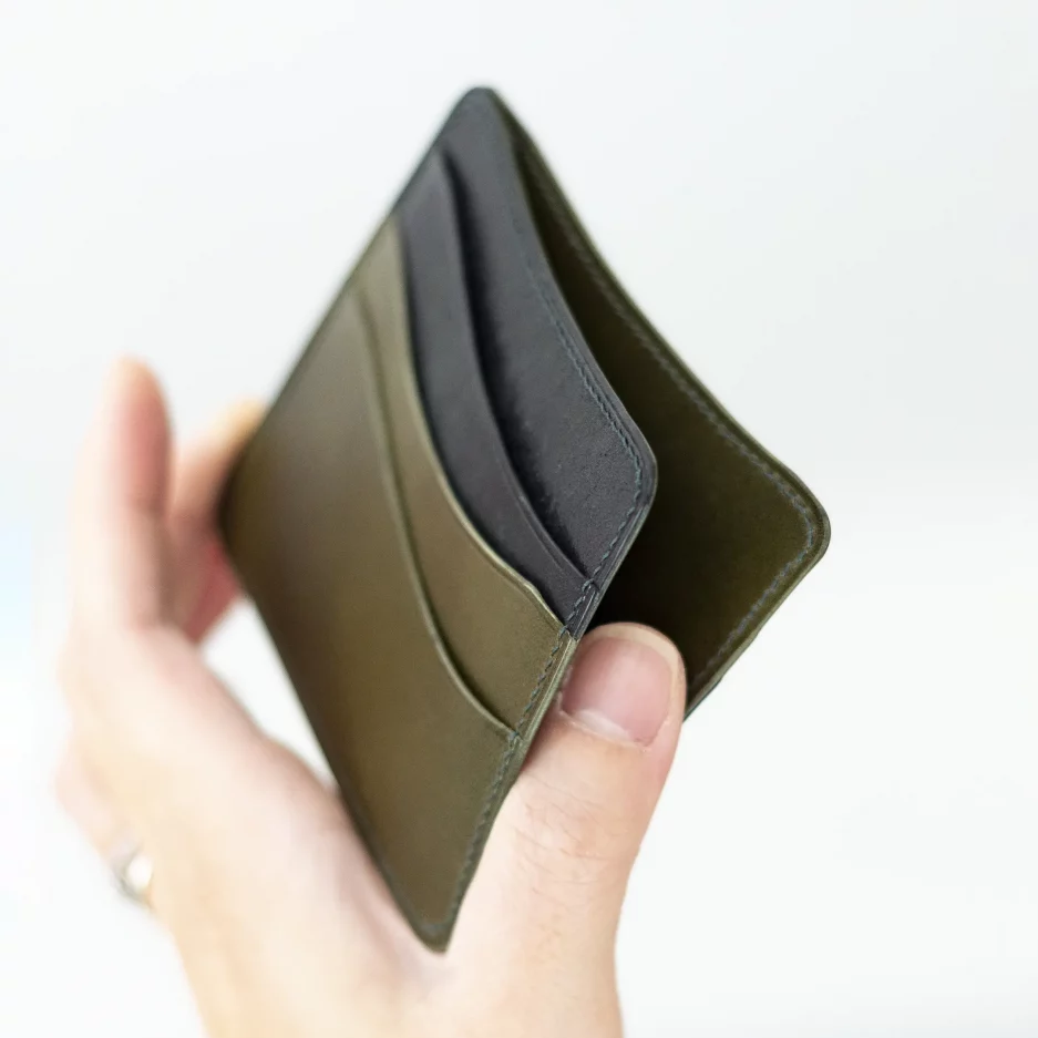 handmade black olive green leather card wallet