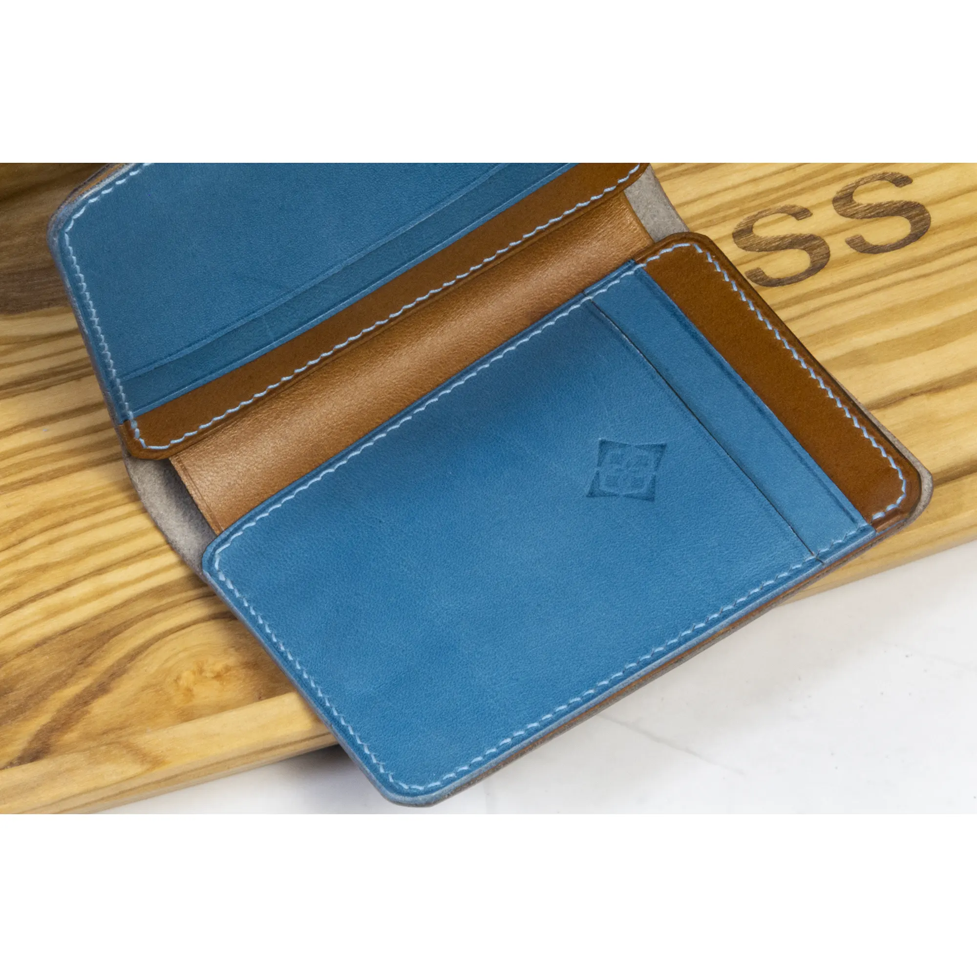 possala designs handmade in spain leather wallet blue brown grey