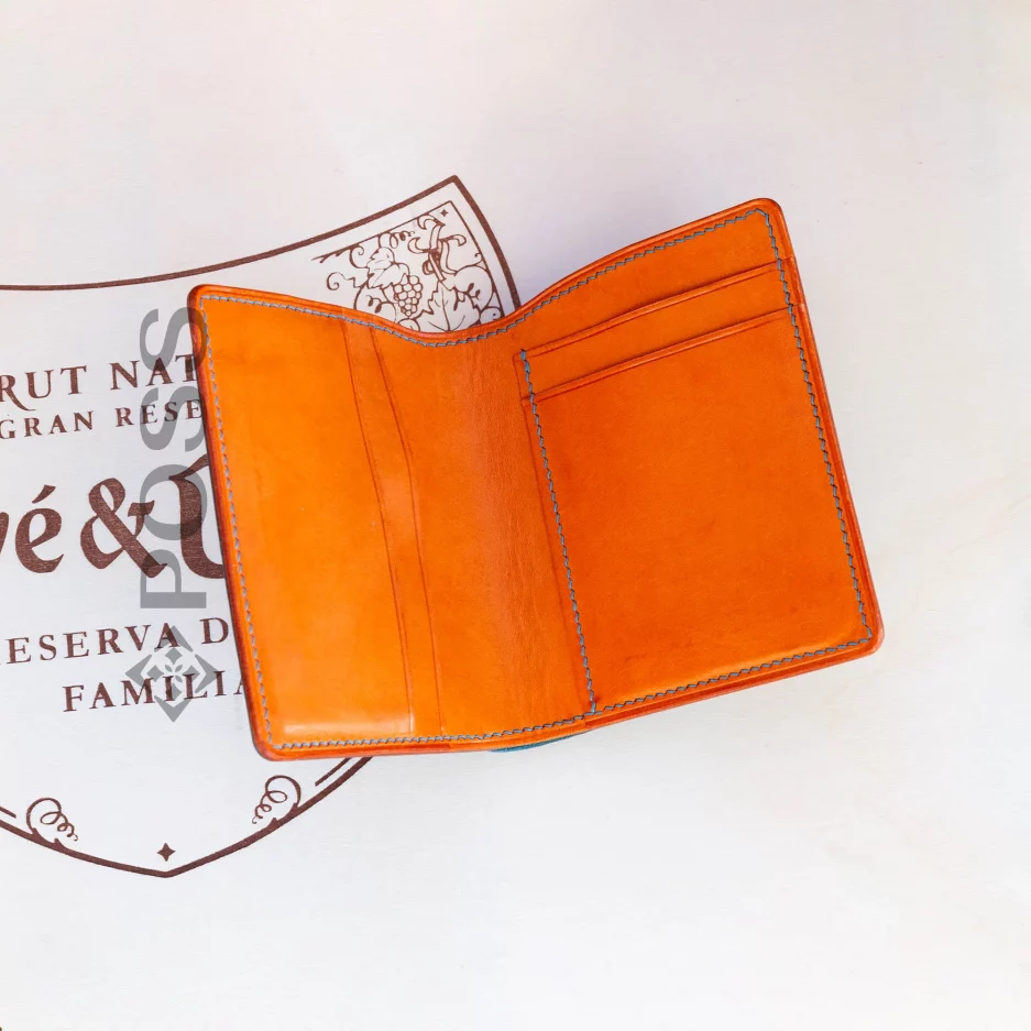 possala designs handmade orange saddlestitched blue thread wallet